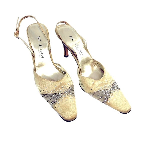 ST JOHN Beige Metallic Crystal Embellished Evening sling back Heels 8.5B - Picture 12 of 15